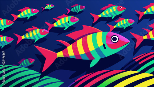 A shoal of fish with neoncolored stripes mimicking the iconic colors of alarmist propaganda and standing out a the other creatures..