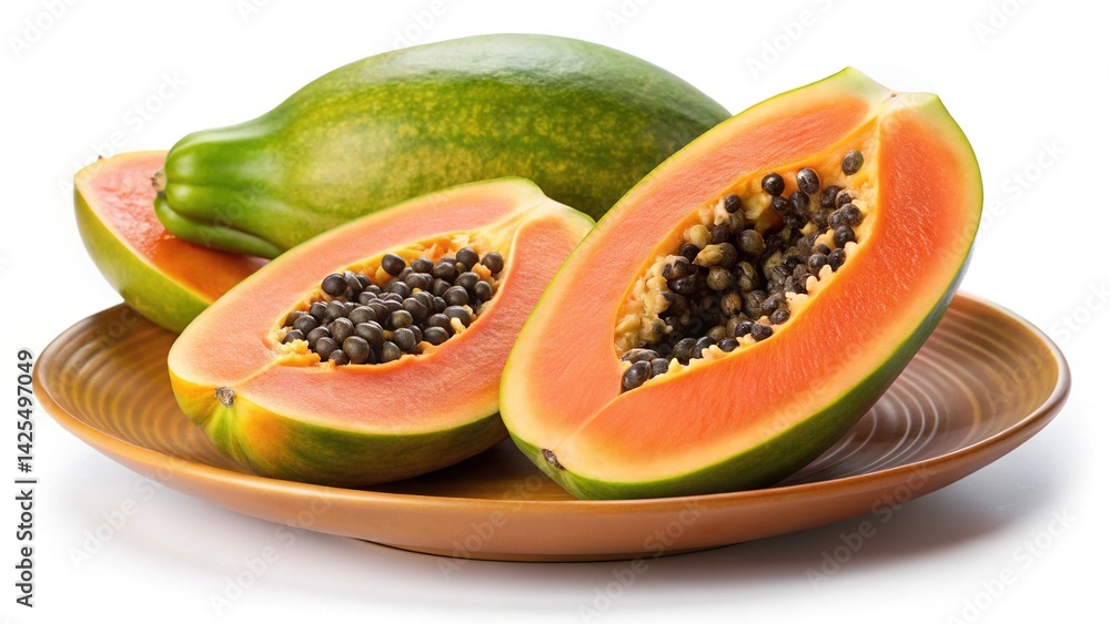 Fresh and Juicy Papaya Slices Displayed on an Elegant Brown Ceramic Plate Fresh and Juicy Papaya Slices Displayed on an Elegant Brown Ceramic Plate