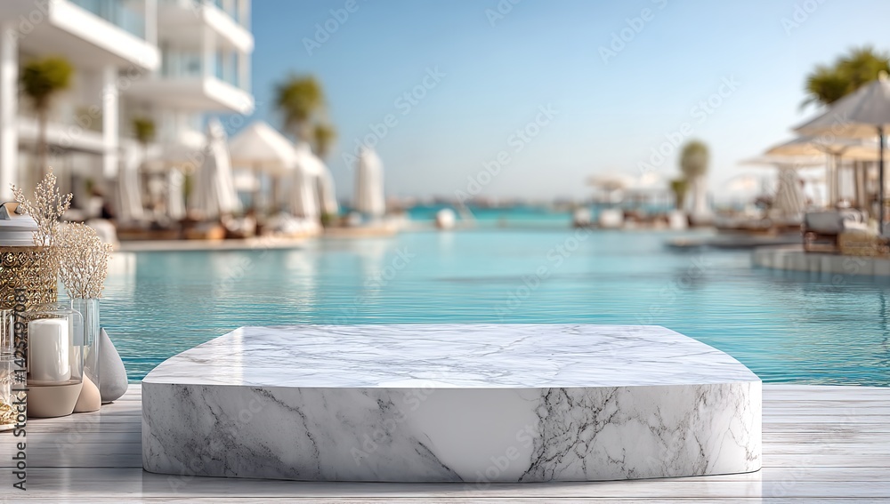 Fototapeta premium White Marble Tabletop with Blurred Luxury Beach Resort and Pool Background for Product Display or Summer Advertisement Banner