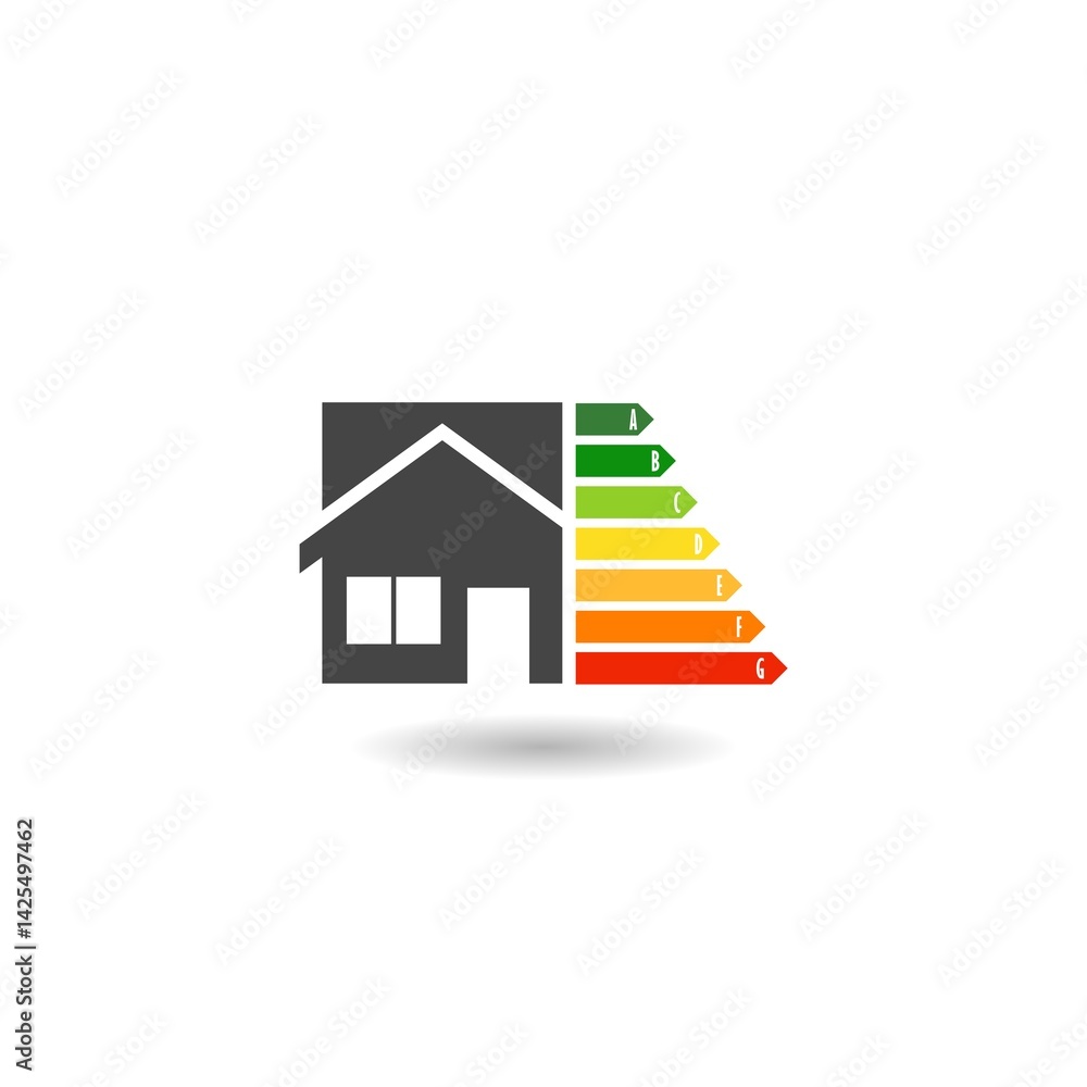 Ecology house and energetic classes icon with shadow Ecology house and energetic classes icon with shadow