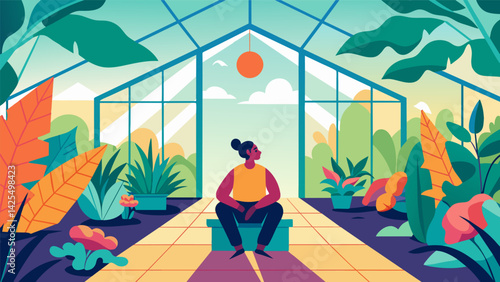 In a bright and airy greenhouse the patient sits a rows of vibrant plants surrounded by warm sunlight. The growth and vibrancy of the plants symbolize.