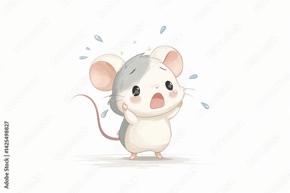 Naklejka premium Un ratón animado con expresión de sorpresa, con gotas de agua a su alrededor.