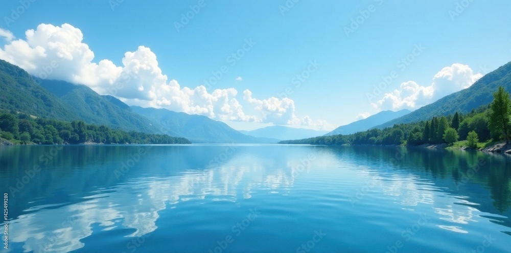 Serene blue lake, tranquil surface reflecting sky, scene, pond, aquamarine Serene blue lake, tranquil surface reflecting sky, scene, pond, aquamarine