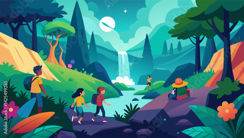 A group of friends trekking through a dense mistcovered forest discovering hidden waterfalls sparkling streams and colorful flora and fauna..