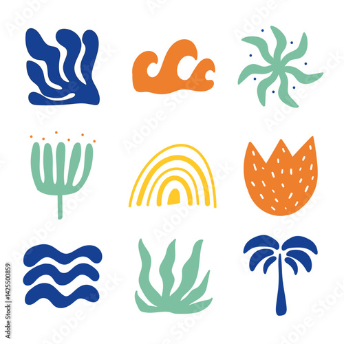 Ensemble de motifs pour illustrer les vacances - Vecteur estival, festif et coloré - Décoration minimaliste moderne pour l'été - Algue, feuille, soleil, palmier et vague - Dessiné à la main