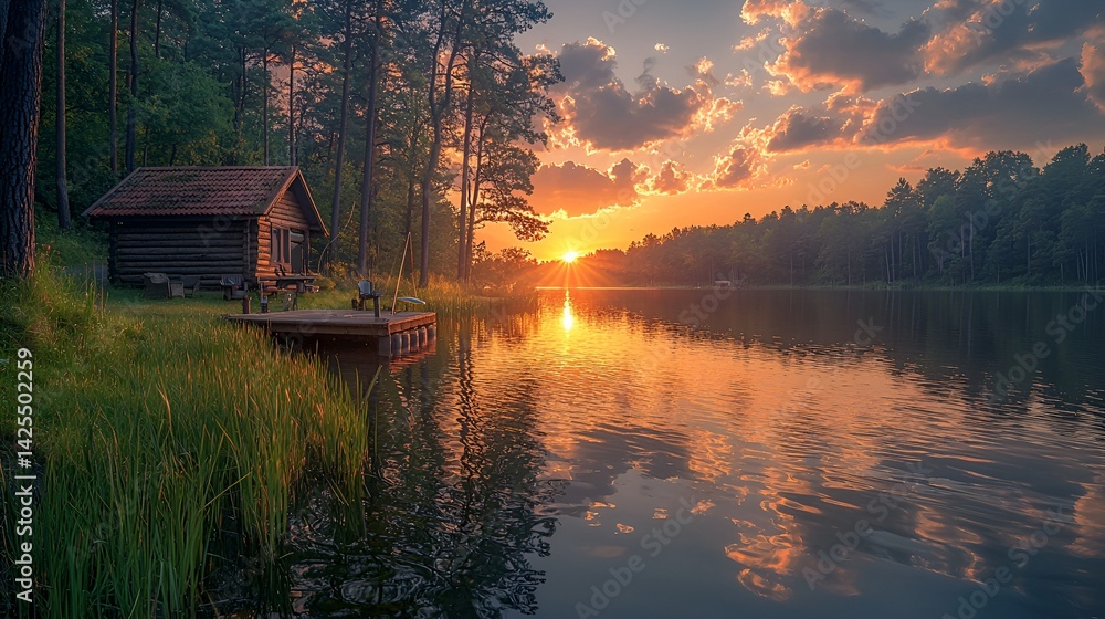 Fototapeta premium Lakeside cabin at sunset