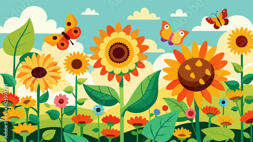 A community garden filled with colorful sunflowers and zinnias attracting butterflies and bees creating a serene and joyful atmosphere..