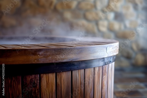 Close-up of a wooden hot tub with rising steam