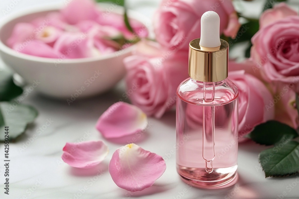 Realistic photo of a bottle with pink liquid and flowers, with splashes flying around it. The background is in light pastel tones.
Realistic photo of a bottle with pink liquid and flowers, with splashes flying around it. The background is in light pastel tones.
