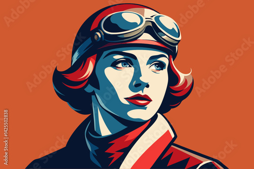 Young woman dressed in pilot costume, wearing vintage pilot hat and goggles, isolated on orange background.