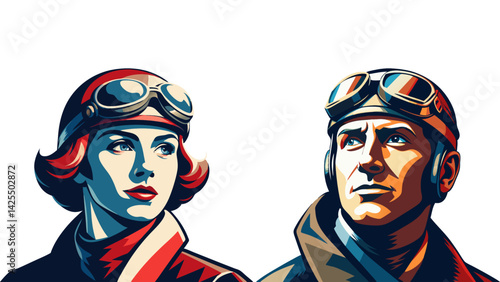 Portrait of a female and male pilot dressed in retro pilot uniforms on a white background. Vintage poster style image.