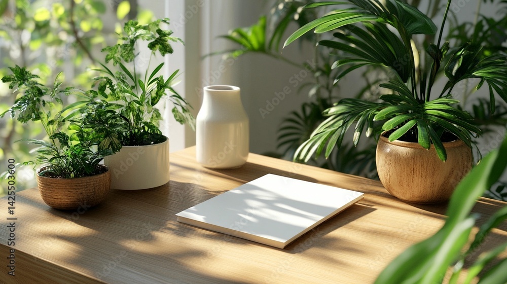 Obraz premium Bright workspace with indoor plants and sunlight calm and serene home office setting