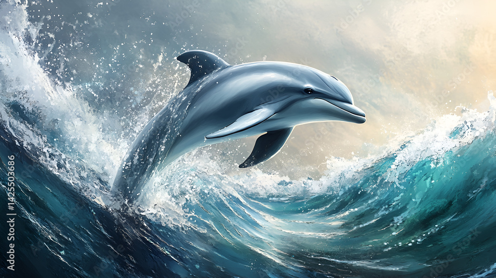 Naklejka premium canvas, shadow, playful, painting, artwork, artistic, aquatic, movement, dolphin, spray, splash, curve, eye, fin, fluid, freedom, joyful, jump, mammal, vibrant, underwater, turquoise