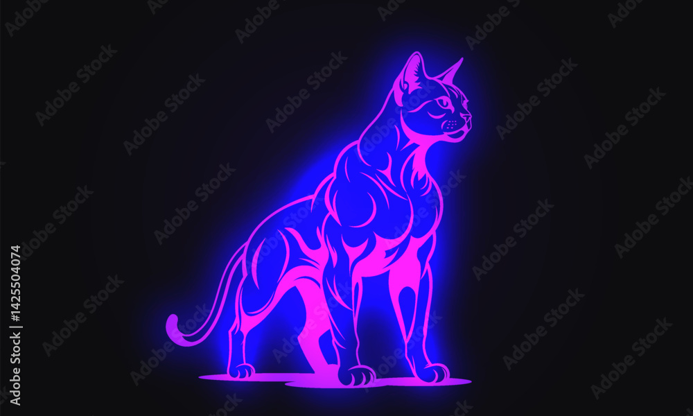 Fototapeta premium Vector graphic glowing neon powerful muscular strong cat on dark background. Glow puss bodybuilder. Feline steroid mutant. Athletic new cat breed