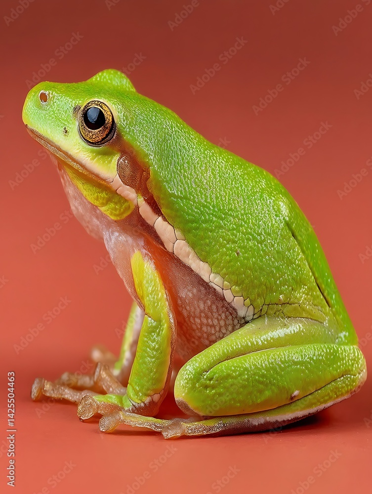 Fototapeta premium A green amphibian sits against a solid background.