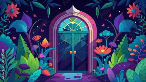 An ornate stained glass door opening to an enchanted garden filled with vibrant hallucinogenic plants..