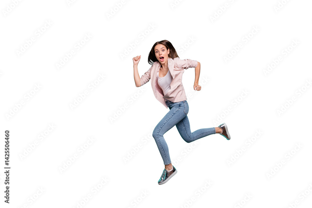 Full length body size view of her she nice-looking pretty attractive cheerful straight-haired lady storming running fast isolated over bright vivid shine blue green teal turquoise background Full length body size view of her she nice-looking pretty attractive cheerful straight-haired lady storming running fast isolated over bright vivid shine blue green teal turquoise background
