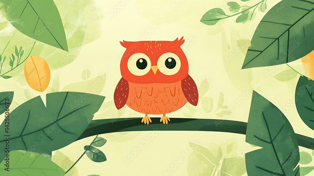 Obraz premium Cute Owl on Branch with Green Leaves.