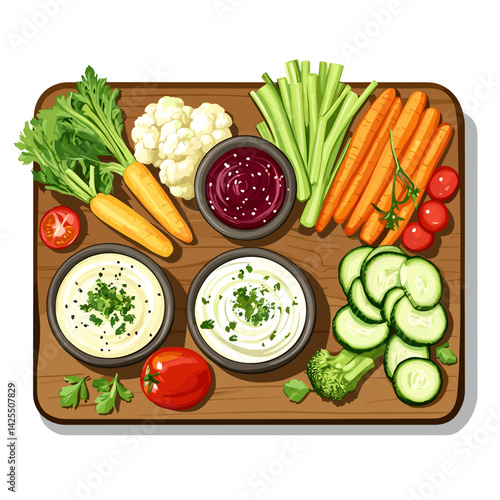 Trio Dip Crudité Board with Colorful Fresh Vegetables