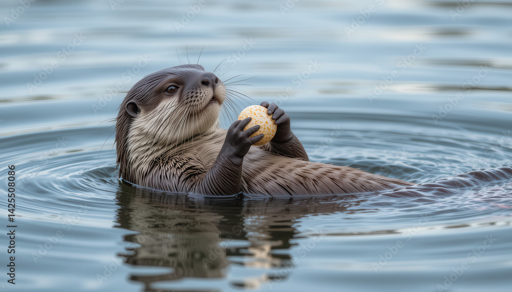 Fototapeta premium A playful otter holds a ball while floating in calm water.