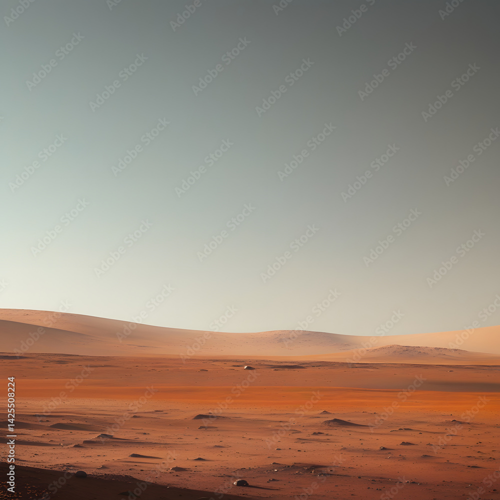 Martian Landscape: Red Planet Desert with Distant Hills under a Pale Sky Martian Landscape: Red Planet Desert with Distant Hills under a Pale Sky