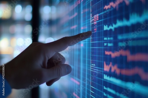 Close-up of a hand interacting with a digital data visualization screen in a tech environment