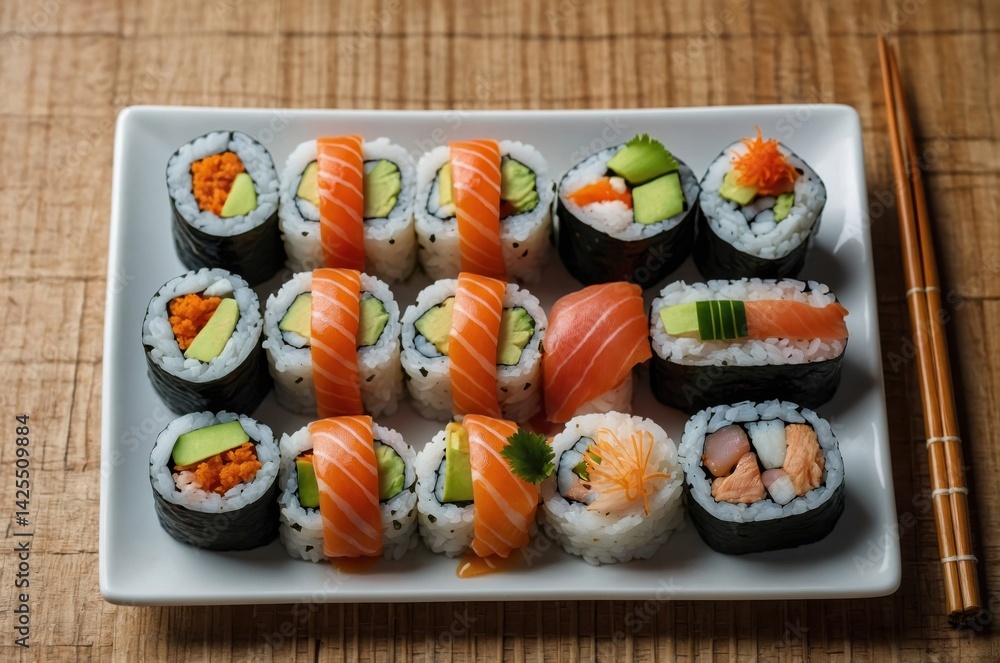 Sushi Platter with Salmon and Avocado Rolls Sushi Platter with Salmon and Avocado Rolls