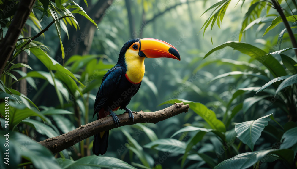 Obraz premium Vibrant toucan perched on a branch in a lush jungle setting.