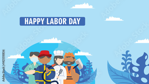 Labor day four people of different professions celebrate happily.