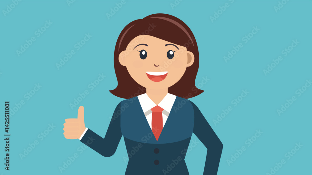 The illustration shows a young businesswoman smiling confidently and giving a thumbs up, dressed in a business suit. Success and professionalism. The illustration shows a young businesswoman smiling confidently and giving a thumbs up, dressed in a business suit. Success and professionalism.