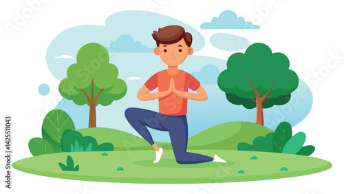 Young brunette man practicing yoga in the park enjoying the fresh air and peaceful environment. Man alone immersed in a stretching pose that gives mindfulness and fitness.