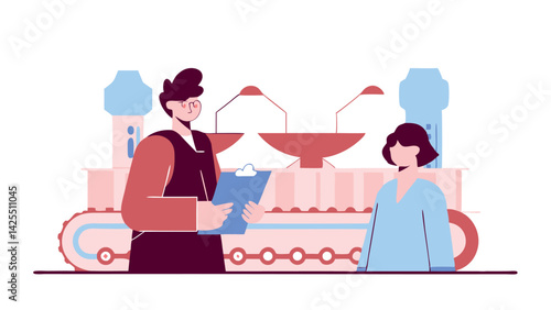 An auditor interviews a worker at a plant, carefully observing the production process. He holds a notebook in his hands, where he writes down important comments.