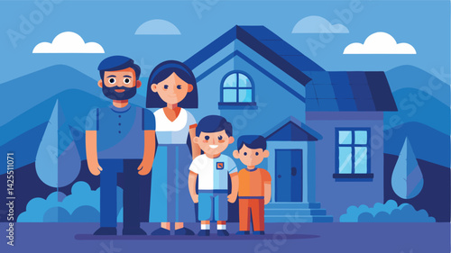 A young family stands in front of their new blue house, smiling. They are dressed in matching light blue and white outfits, creating a cozy and warm atmosphere.