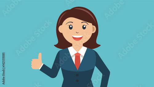 The illustration shows a young businesswoman smiling confidently and giving a thumbs up, dressed in a business suit. Success and professionalism.