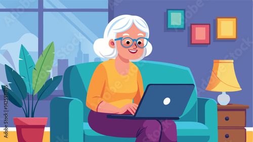An elderly woman is sitting on a cozy sofa at home, using a laptop. She is happily communicating with her family or surfing the Internet, enjoying modern technologies.