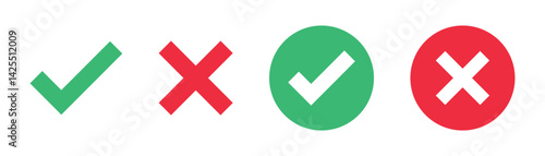 Green check mark, red cross mark icon set. Isolated tick symbols, checklist signs, approval badge. Flat and modern checkmark design, vector 