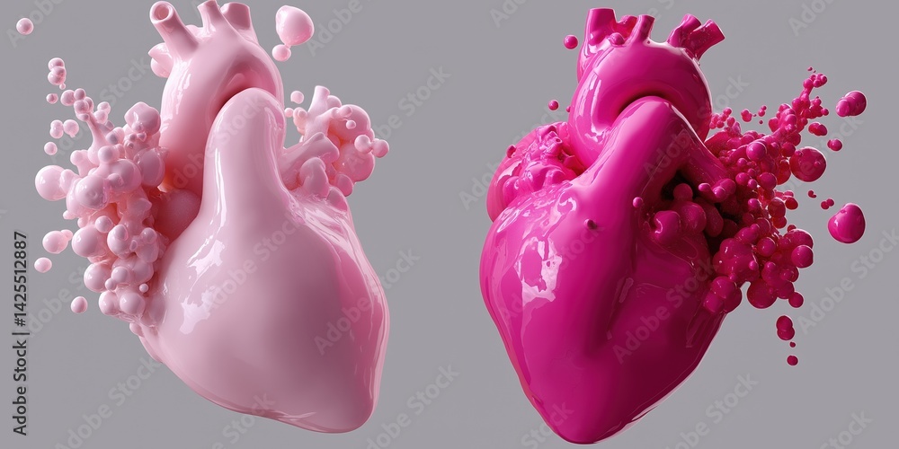 Two hearts are shown in a pink and white color scheme. The pink heart is larger than the white one. The pink heart is surrounded by a lot of pink and white dots, giving it a very abstract