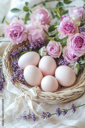 A delicate floral frame of roses and lavender surrounds a set of Easter eggs laid out in a basket. The eggs are carefully arranged with soft ribbons tied to them.