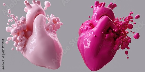 Obraz na płótnie Two hearts are shown in a pink and white color scheme. The pink heart is larger than the white one. The pink heart is surrounded by a lot of pink and white dots, giving it a very abstract w salonie