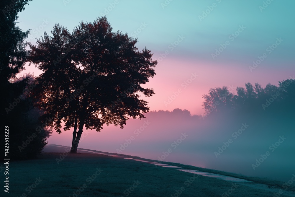 Fototapeta premium A tree is silhouetted against a pink and purple sky. The sky is hazy and the trees are covered in mist