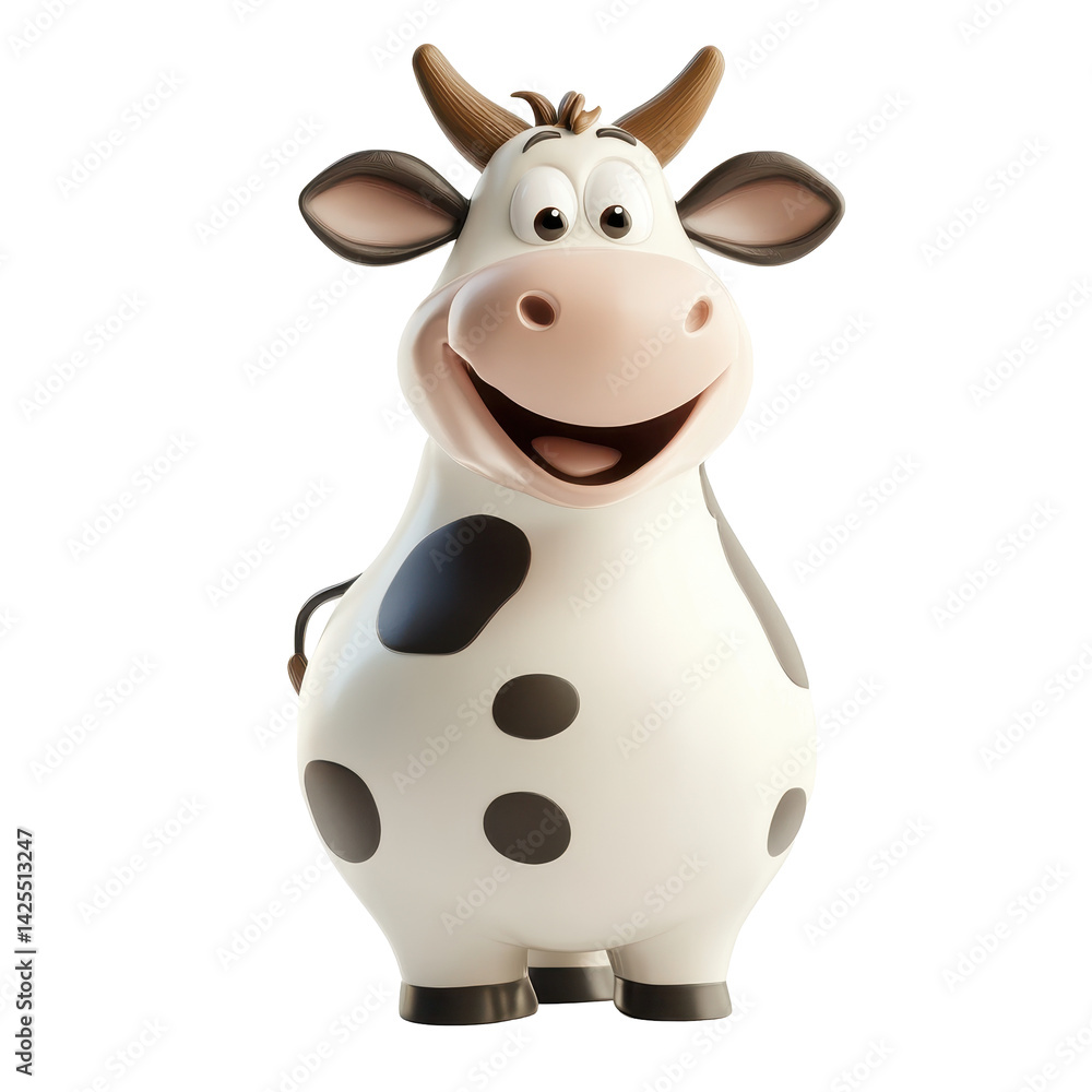 Obraz premium Cute cartoon cow with a big smile, perfect for children's illustrations or farm-themed designs, showcasing a joyful character
