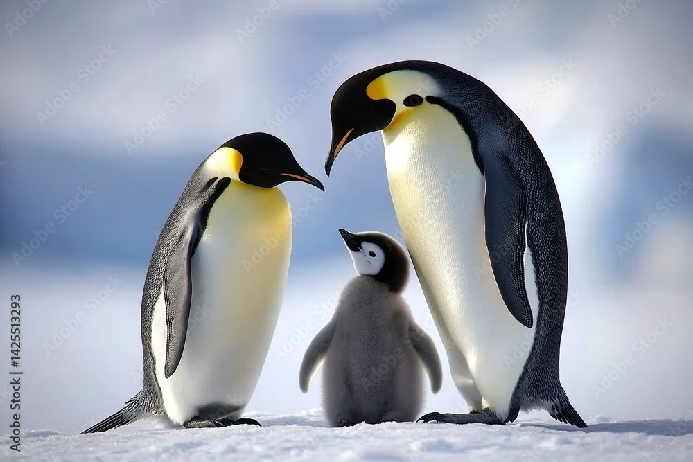 Naklejka premium Emperor penguins standing in a group with their young on the ice of Antarctica, a realistic photo shoot using natural light and high-resolution photography.