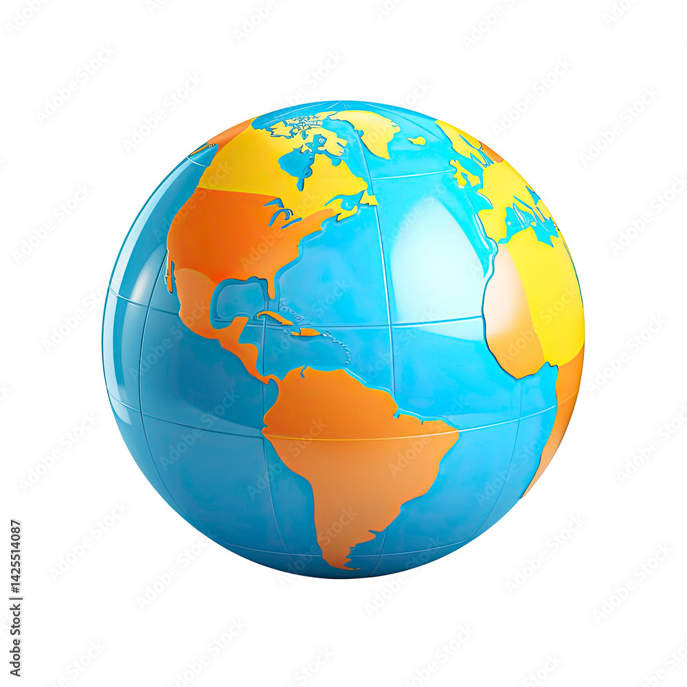 Fototapeta premium Stylized 3D Render of a Glossy Earth Globe with Bright Blue and Orange Continents