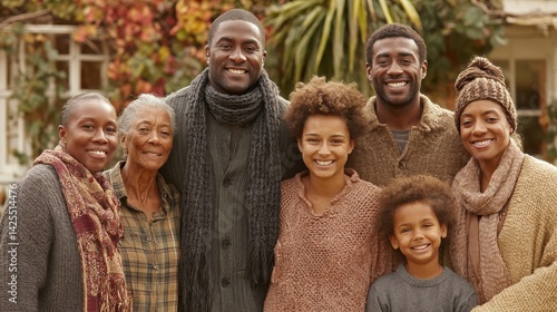 Happy african family gathering with three generations outdoors in autumn