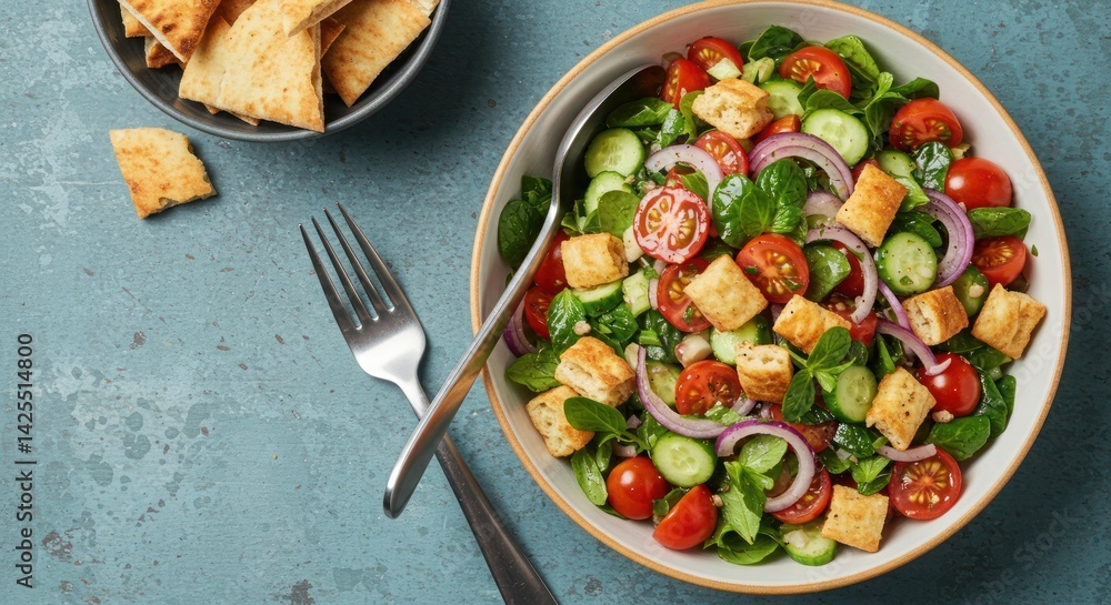 Fattoush Salad, featuring a refreshing Middle Eastern salad with crisp mixed greens, juicy tomatoes, cucumbers, radishes, and toasted pita chips, all drizzled with a tangy lemon dressing. Fattoush Salad, featuring a refreshing Middle Eastern salad with crisp mixed greens, juicy tomatoes, cucumbers, radishes, and toasted pita chips, all drizzled with a tangy lemon dressing.