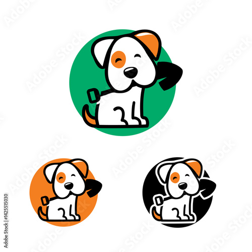 Cartoon dog with floppy ears, wagging tails, shovel, circular pet waste removal logo
