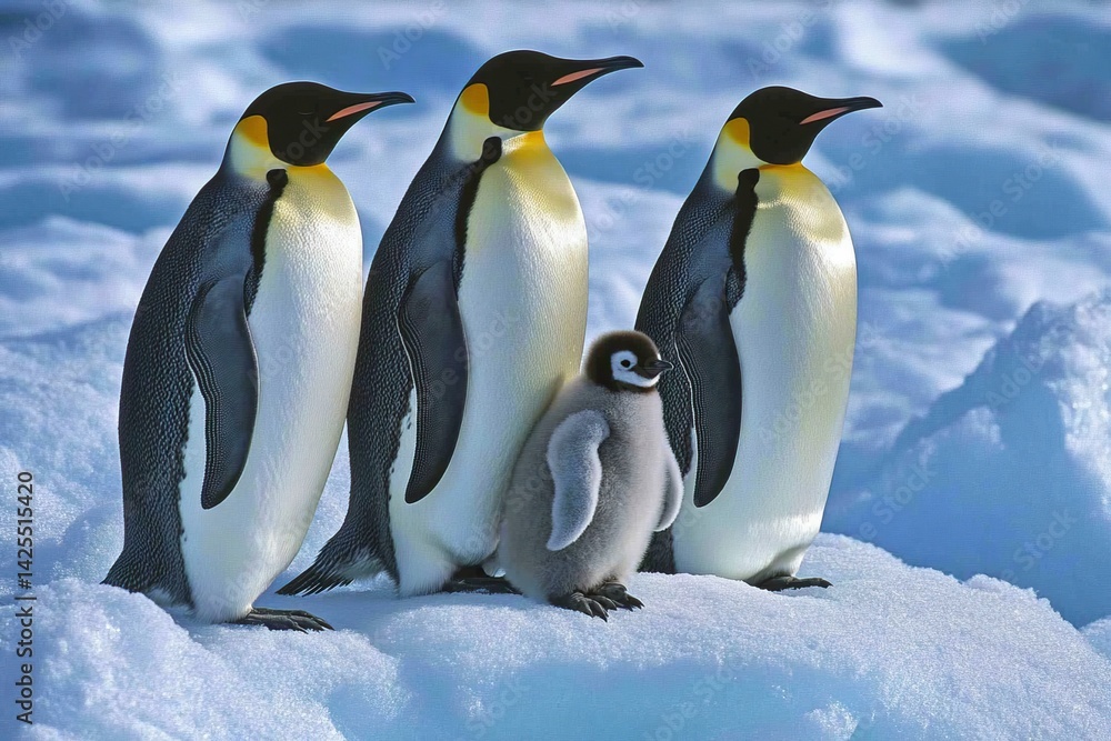 Fototapeta premium Emperor penguins with chick, side view. A family of emperor penguins on the ice in Antarctica. Stock photo contest winner, high-resolution image, high detail, high quality. 