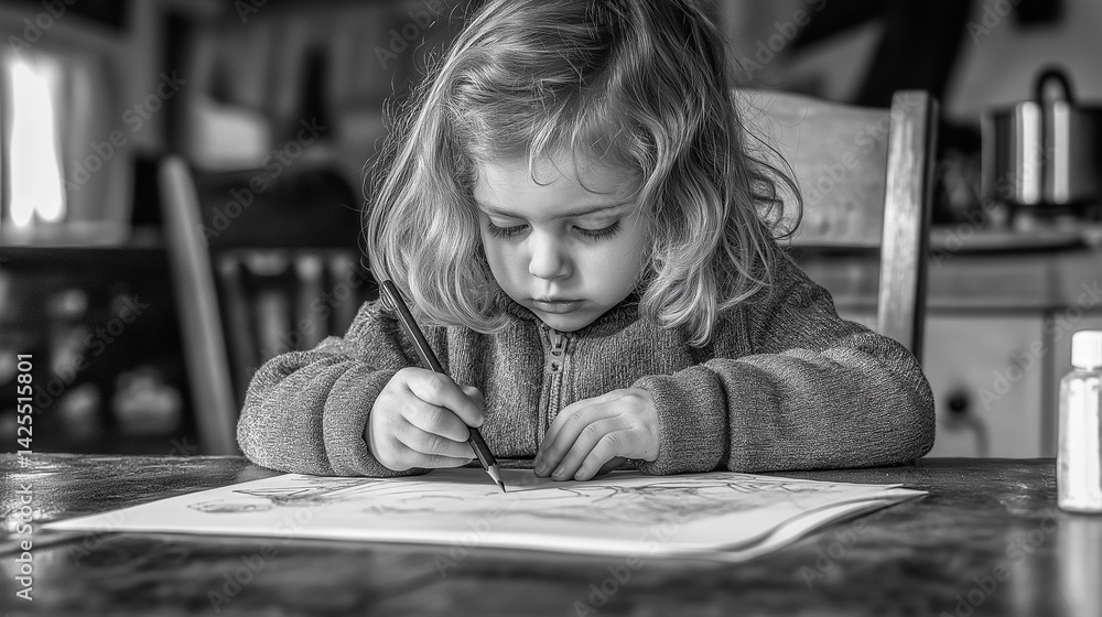 A universal visual tailored for publication concentrated child: engrossed in homework - a black and white study setup with necessary tools on a neat home desk. A universal visual tailored for publication concentrated child: engrossed in homework - a black and white study setup with necessary tools on a neat home desk.