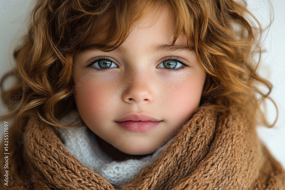 A portrait of a young girl with curly hair and expressive eyes, wrapped in a cozy scarf, radiating warmth and innocence. A portrait of a young girl with curly hair and expressive eyes, wrapped in a cozy scarf, radiating warmth and innocence.