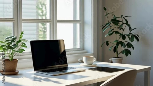 Wallpaper Mural A modern office interior features a laptop on a wooden desk, showcasing a clean and functional workspace design with comfortable furniture indoors Torontodigital.ca